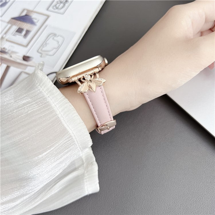 For Apple Watch Series 10 46mm / Ultra 2 Ultra 49mm /  Series 9 8 7 45mm / 6 5 4 SE (2023) SE (2022) SE 44mm / 3 2 1 42mm Genuine Cow Leather Watchband Bee Decoration Watch Strap - Khaki