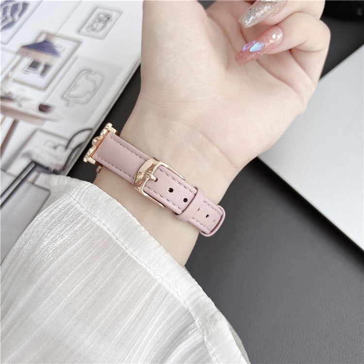 For Apple Watch Series 10 46mm / Ultra 2 Ultra 49mm /  Series 9 8 7 45mm / 6 5 4 SE (2023) SE (2022) SE 44mm / 3 2 1 42mm Genuine Cow Leather Watchband Bee Decoration Watch Strap - Khaki