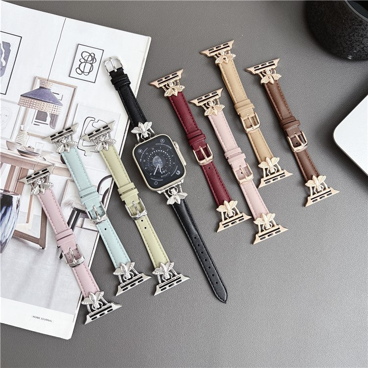For Apple Watch Series 10 46mm / Ultra 2 Ultra 49mm /  Series 9 8 7 45mm / 6 5 4 SE (2023) SE (2022) SE 44mm / 3 2 1 42mm Genuine Cow Leather Watchband Bee Decoration Watch Strap - Khaki