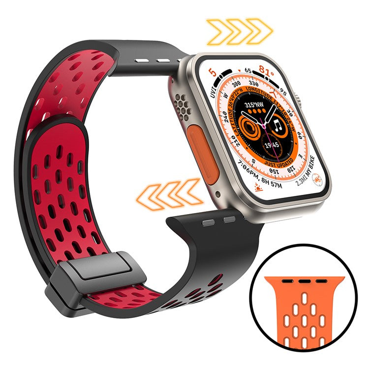Watch Band for Apple Watch Series 10 46mm / Ultra 2 Ultra 49mm /  Series 9 8 7 45mm / 6 5 4 SE (2023) SE (2022) SE 44mm / 3 2 1 42mm , Dual-Color Silicone Magnetic Strap - Black+Red