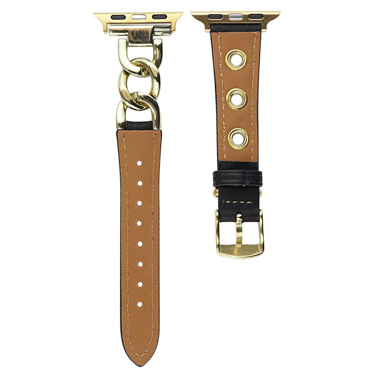Watch Strap for Apple Watch Series 10 42mm / 9 8 7 41mm / SE (2023) SE (2022) SE 6 5 4 40mm / 3 2 1 38mm Watch Band Genuine Cow Leather Chain Hole Strap - Green+Gold Buckle