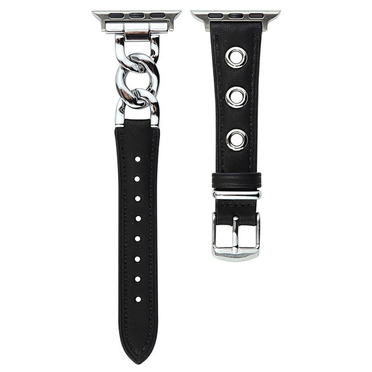 For Apple Watch Series 10 46mm / Ultra 2 Ultra 49mm /  Series 9 8 7 45mm / 6 5 4 SE (2023) SE (2022) SE 44mm / 3 2 1 42mm AW Watch Strap Chain Hole Genuine Cow Leather Band - Black+Silver Buckle