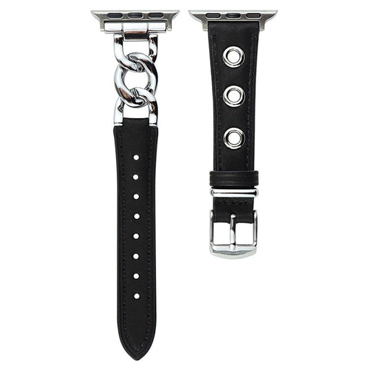 For Apple Watch Series 10 46mm / Ultra 2 Ultra 49mm /  Series 9 8 7 45mm / 6 5 4 SE (2023) SE (2022) SE 44mm / 3 2 1 42mm AW Watch Strap Chain Hole Genuine Cow Leather Band - Black+Silver Buckle