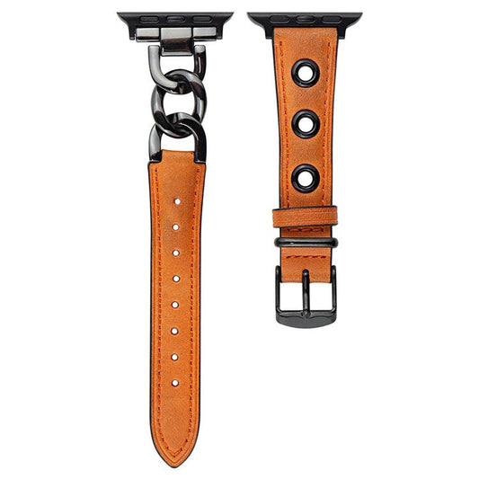 For Apple Watch Series 10 46mm / Ultra 2 Ultra 49mm /  Series 9 8 7 45mm / 6 5 4 SE (2023) SE (2022) SE 44mm / 3 2 1 42mm AW Watch Strap Chain Hole Genuine Cow Leather Band - Orange+Black Buckle