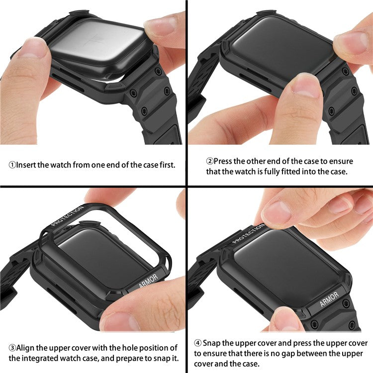 For Apple Watch Series 8 / 7 45mm / 6 / 5 / 4 / SE / SE (2022) 44mm 2-in-1 TPU Watchband Watch Case with PC Top Cover - Black+Black