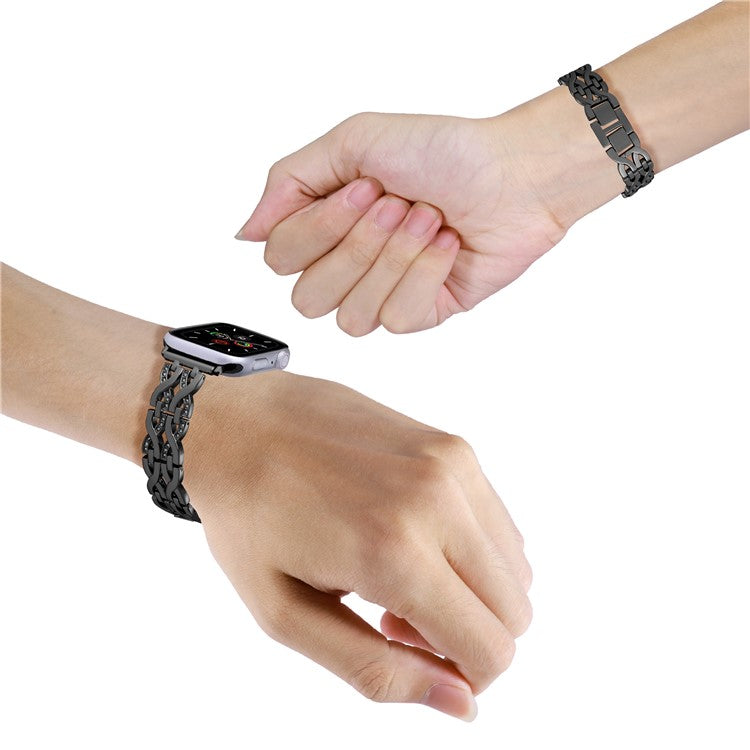 For Apple Watch Series 10 46mm / Ultra 2 Ultra 49mm /  Series 9 8 7 45mm / 6 5 4 SE (2023) SE (2022) SE 44mm / 3 2 1 42mm Alloy Watch Band Double X Rhinestone Strap - Black