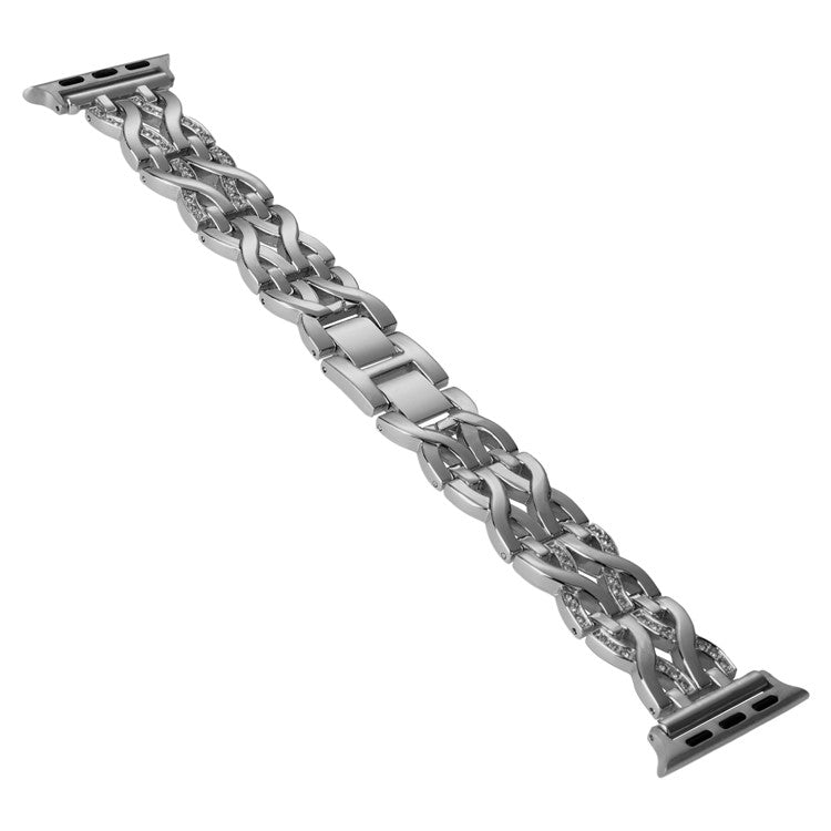 For Apple Watch Series 10 46mm / Ultra 2 Ultra 49mm /  Series 9 8 7 45mm / 6 5 4 SE (2023) SE (2022) SE 44mm / 3 2 1 42mm Alloy Watch Band Double X Rhinestone Strap - Silver