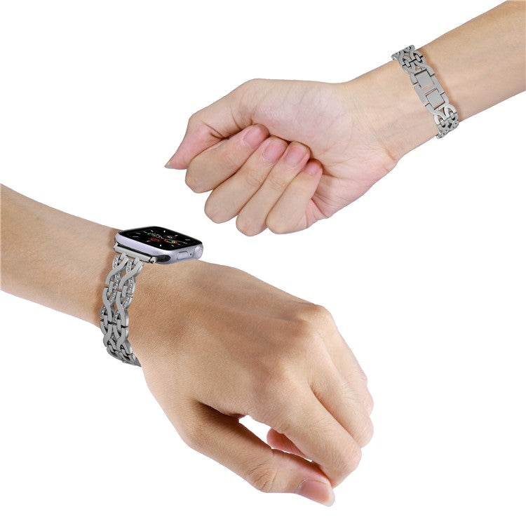 For Apple Watch Series 10 46mm / Ultra 2 Ultra 49mm /  Series 9 8 7 45mm / 6 5 4 SE (2023) SE (2022) SE 44mm / 3 2 1 42mm Alloy Watch Band Double X Rhinestone Strap - Silver