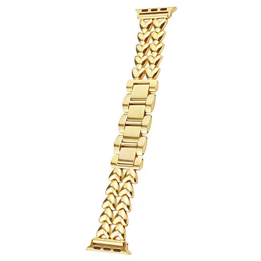 Metal Watch Band for Apple Watch Series 10 46mm / Ultra 2 Ultra 49mm /  Series 9 8 7 45mm / 6 5 4 SE (2023) SE (2022) SE 44mm / 3 2 1 42mm , Double-Row Heart Bracelet Strap - Gold