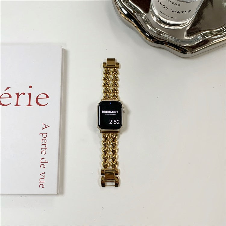 Metal Watch Band for Apple Watch Series 10 46mm / Ultra 2 Ultra 49mm /  Series 9 8 7 45mm / 6 5 4 SE (2023) SE (2022) SE 44mm / 3 2 1 42mm , Double-Row Heart Bracelet Strap - Gold