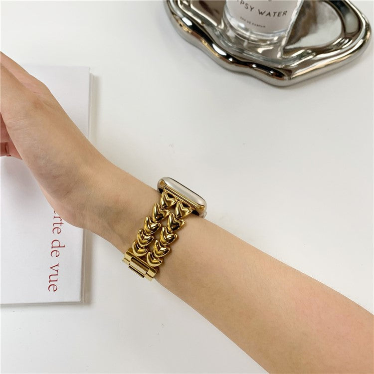 Metal Watch Band for Apple Watch Series 10 46mm / Ultra 2 Ultra 49mm /  Series 9 8 7 45mm / 6 5 4 SE (2023) SE (2022) SE 44mm / 3 2 1 42mm , Double-Row Heart Bracelet Strap - Gold