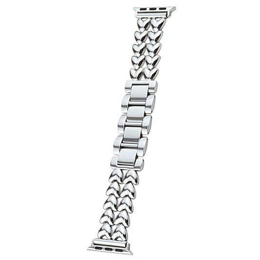 Metal Watch Band for Apple Watch Series 10 46mm / Ultra 2 Ultra 49mm /  Series 9 8 7 45mm / 6 5 4 SE (2023) SE (2022) SE 44mm / 3 2 1 42mm , Double-Row Heart Bracelet Strap - Silver