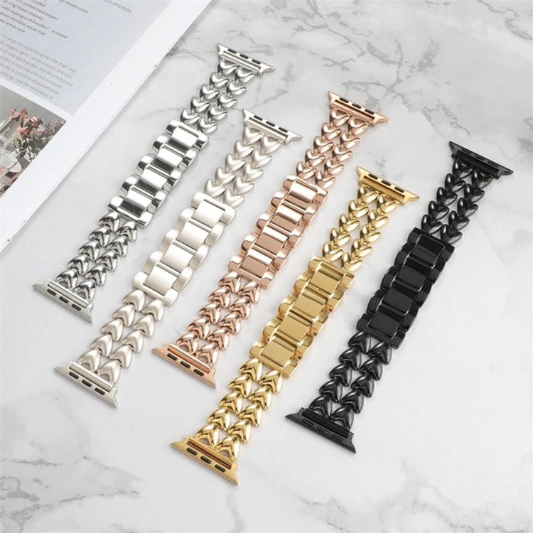 Metal Watch Band for Apple Watch Series 10 46mm / Ultra 2 Ultra 49mm /  Series 9 8 7 45mm / 6 5 4 SE (2023) SE (2022) SE 44mm / 3 2 1 42mm , Double-Row Heart Bracelet Strap - Silver