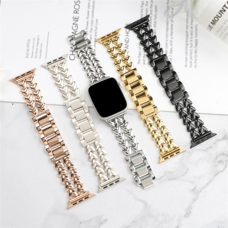 Metal Watch Band for Apple Watch Series 10 46mm / Ultra 2 Ultra 49mm /  Series 9 8 7 45mm / 6 5 4 SE (2023) SE (2022) SE 44mm / 3 2 1 42mm , Double-Row Heart Bracelet Strap - Silver