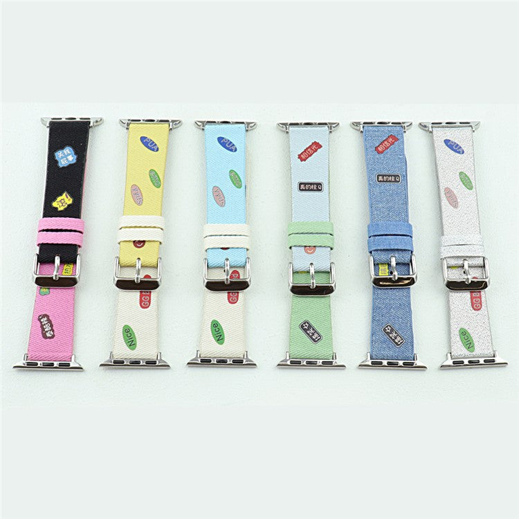 For Apple Watch Series 10 46mm / Ultra 2 Ultra 49mm /  Series 9 8 7 45mm / 6 5 4 SE (2023) SE (2022) SE 44mm / 3 2 1 42mm Cute Words Canvas Watchband Replacement Watch Strap - Yellow / White