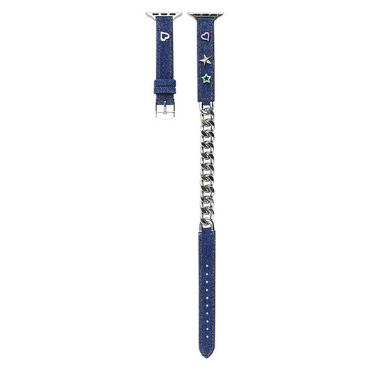 Watch Strap for Apple Watch Series 10 42mm / 9 8 7 41mm / SE (2023) SE (2022) SE 6 5 4 40mm / 3 2 1 38mm Rivet Decor Watch Strap Genuine Cow Leather Metal Chain Watchband - Blue