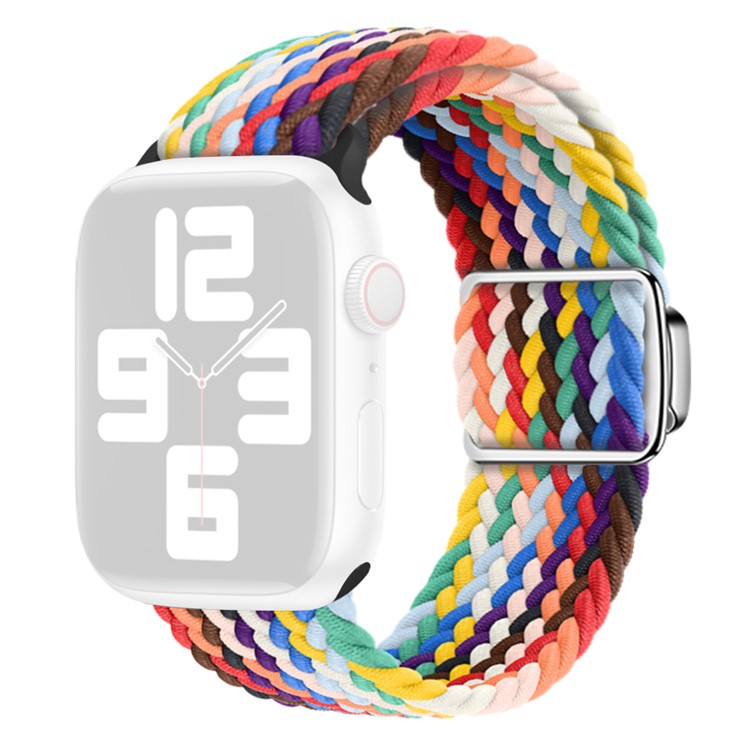 For Apple Watch Series 10 46mm / Ultra 2 Ultra 49mm /  Series 9 8 7 45mm / 6 5 4 SE (2023) SE (2022) SE 44mm / 3 2 1 42mm Nylon Braided Watch Band Magnetic Buckle Wrist Strap - Rainbow