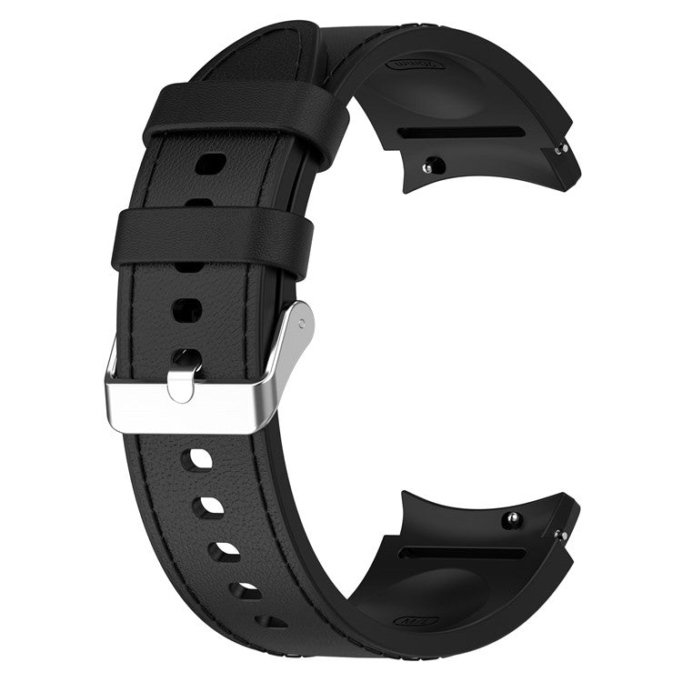 SGW Watch Band for Samsung Galaxy Watch6 / Watch6 Classic / Watch 5 / Watch 5 Pro / Watch4 / Watch4 Classic , PU Leather Coated Silicone Wrist Strap with Silver Buckle - Black