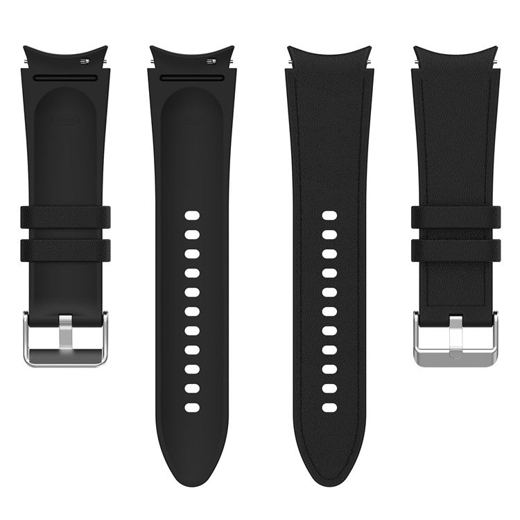 SGW Watch Band for Samsung Galaxy Watch6 / Watch6 Classic / Watch 5 / Watch 5 Pro / Watch4 / Watch4 Classic , PU Leather Coated Silicone Wrist Strap with Silver Buckle - Black