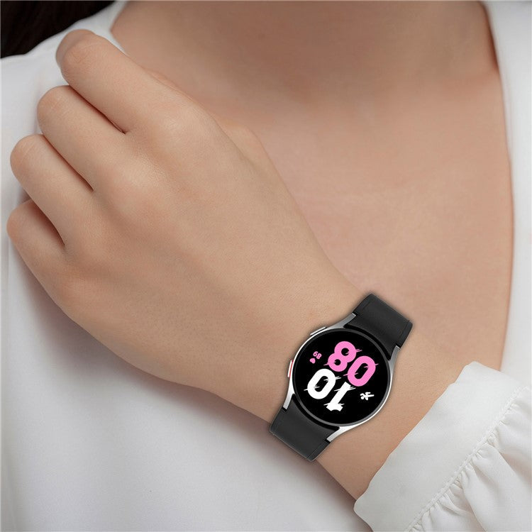 SGW Watch Band for Samsung Galaxy Watch6 / Watch6 Classic / Watch 5 / Watch 5 Pro / Watch4 / Watch4 Classic , PU Leather Coated Silicone Wrist Strap with Silver Buckle - Black