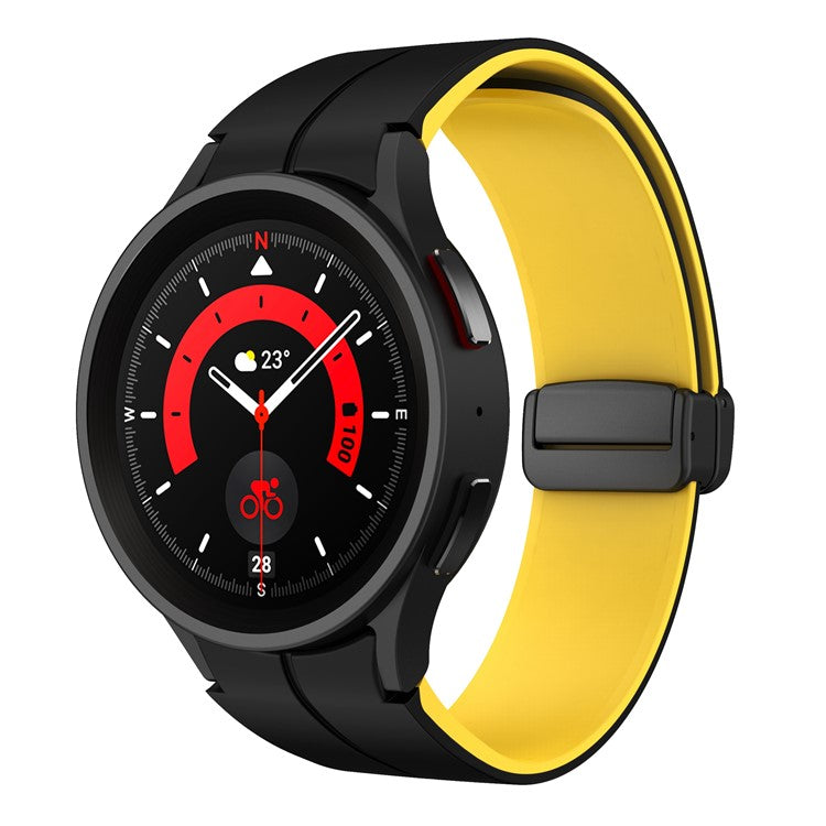 Silicone Watch Band for Samsung Galaxy Watch6 / Watch6 Classic / Watch 5 / Watch 5 Pro / Watch4 / Watch4 Classic , Magnetic Folding Buckle Dual-color Strap - Black+Yellow