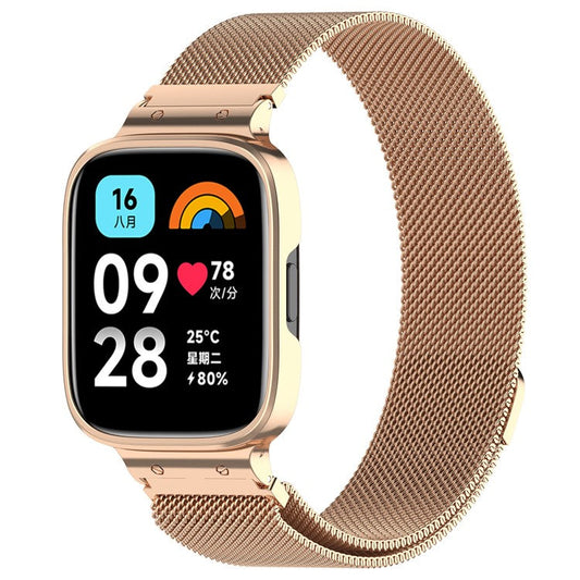For Xiaomi Redmi Watch 3 Lite / Watch 3 Active Milanese Metal Watch Strap Band with Watch Case Frame - Rose Gold