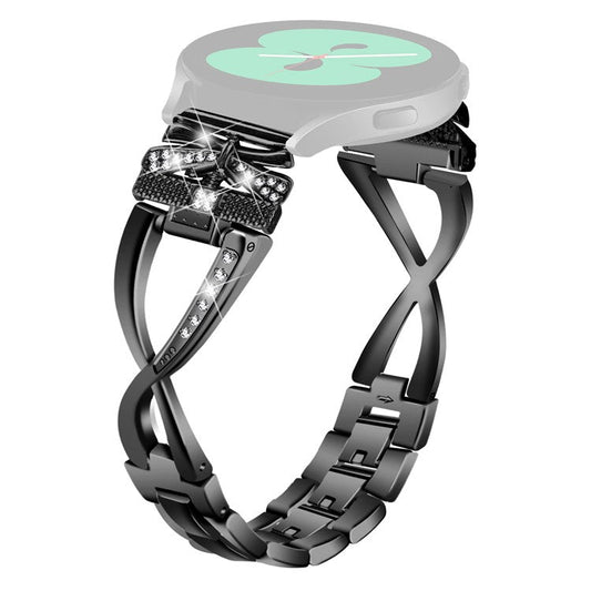 For Samsung Galaxy Watch6 40mm / 44mm Rhinestones Decor 20mm Watch Strap Crown X-Shape Zinc Alloy Watchband - Black