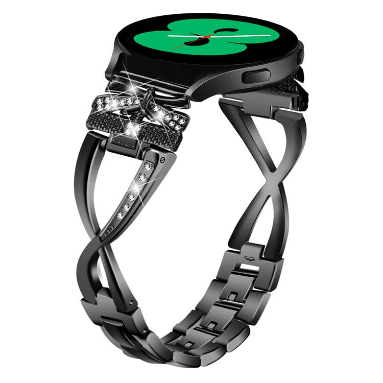 For Samsung Galaxy Watch6 40mm / 44mm Rhinestones Decor 20mm Watch Strap Crown X-Shape Zinc Alloy Watchband - Black