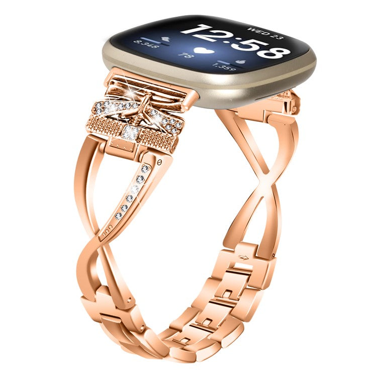 For Fitbit Versa 4 / Sense 2 Zinc Alloy Strap Rhinestones Decor Crown X-shape Smartwatch Band - Rose Gold