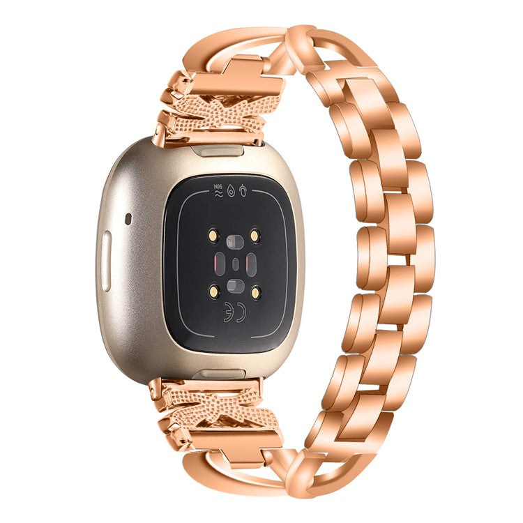 For Fitbit Versa 4 / Sense 2 Zinc Alloy Strap Rhinestones Decor Crown X-shape Smartwatch Band - Rose Gold