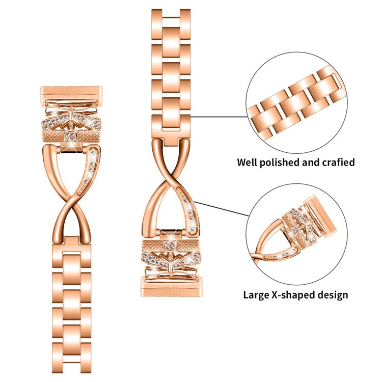 For Fitbit Versa 4 / Sense 2 Zinc Alloy Strap Rhinestones Decor Crown X-shape Smartwatch Band - Rose Gold