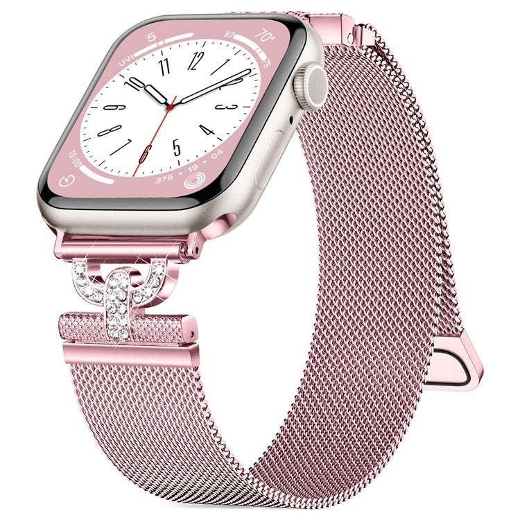 Watch Strap for Apple Watch Series 10 42mm / 9 8 7 41mm / SE (2023) SE (2022) SE 6 5 4 40mm / 3 2 1 38mm Magnetic Milanese Wrist Band Rhinestones D-Shape Design Stainless Steel Strap - Rose Pink