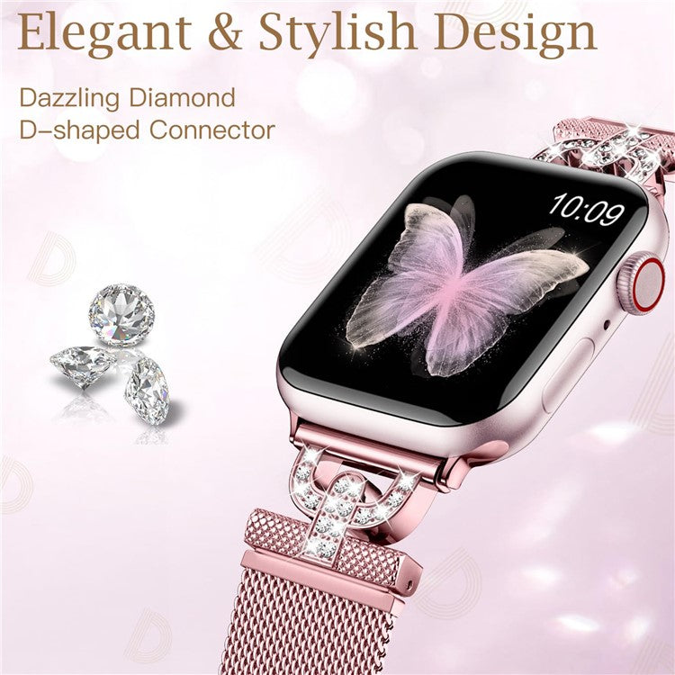 Watch Strap for Apple Watch Series 10 42mm / 9 8 7 41mm / SE (2023) SE (2022) SE 6 5 4 40mm / 3 2 1 38mm Magnetic Milanese Wrist Band Rhinestones D-Shape Design Stainless Steel Strap - Rose Pink