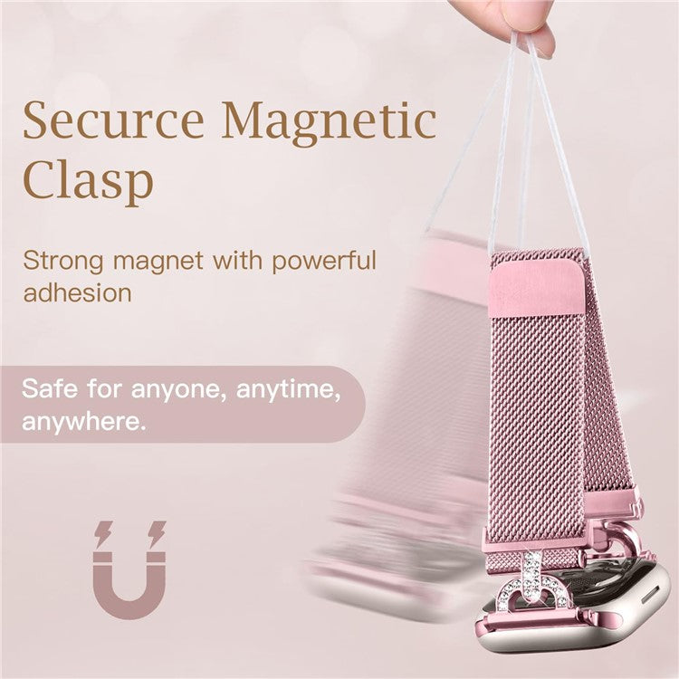 Watch Strap for Apple Watch Series 10 42mm / 9 8 7 41mm / SE (2023) SE (2022) SE 6 5 4 40mm / 3 2 1 38mm Magnetic Milanese Wrist Band Rhinestones D-Shape Design Stainless Steel Strap - Rose Pink