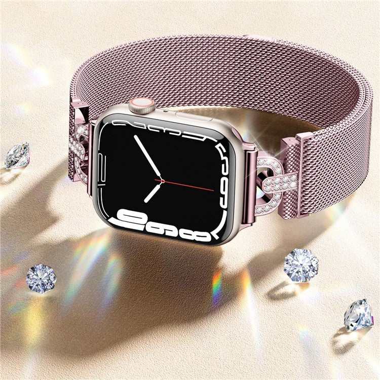 Watch Strap for Apple Watch Series 10 42mm / 9 8 7 41mm / SE (2023) SE (2022) SE 6 5 4 40mm / 3 2 1 38mm Magnetic Milanese Wrist Band Rhinestones D-Shape Design Stainless Steel Strap - Rose Pink