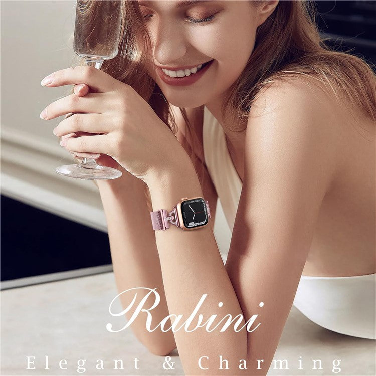 Watch Strap for Apple Watch Series 10 42mm / 9 8 7 41mm / SE (2023) SE (2022) SE 6 5 4 40mm / 3 2 1 38mm Magnetic Milanese Wrist Band Rhinestones D-Shape Design Stainless Steel Strap - Rose Pink