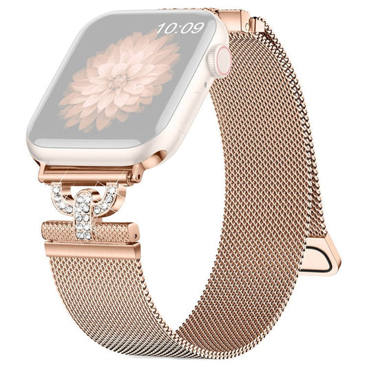 For Apple Watch Series 10 46mm / Ultra 2 Ultra 49mm /  Series 9 8 7 45mm / 6 5 4 SE (2023) SE (2022) SE 44mm / 3 2 1 42mm Rhinestones D-Shape Wrist Strap Stainless Steel Milanese Band - Rose Gold
