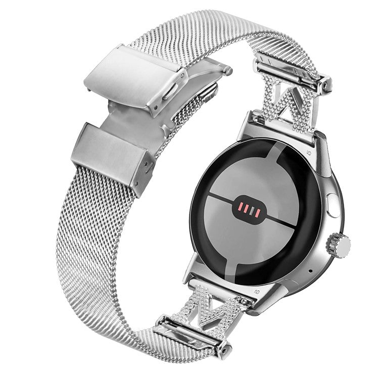 Stainless Steel Milanese Watch Band for Google Pixel Watch 2 / Pixel Watch Letter M Rhinestones Decorated Metal Watch Strap