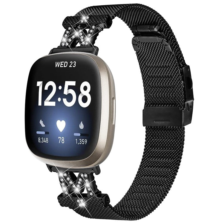 For Fitbit Sense / Versa 3 Milanese Stainless Steel Wrist Band M-shape Design Watch Strap with Folding Buckle - Black