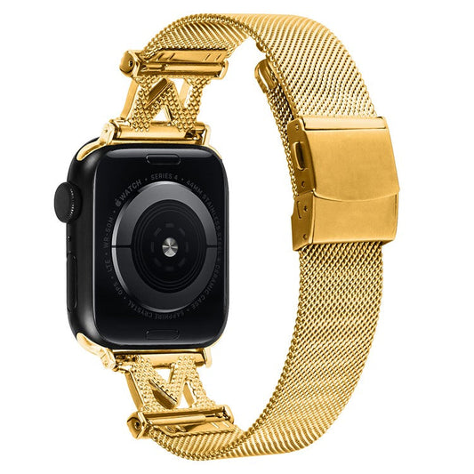 For Apple Watch Series 10 46mm / Ultra 2 Ultra 49mm /  Series 9 8 7 45mm / 6 5 4 SE (2023) SE (2022) SE 44mm / 3 2 1 42mm Milanese Stainless Steel Band Rhinestone Decor Strap - Gold