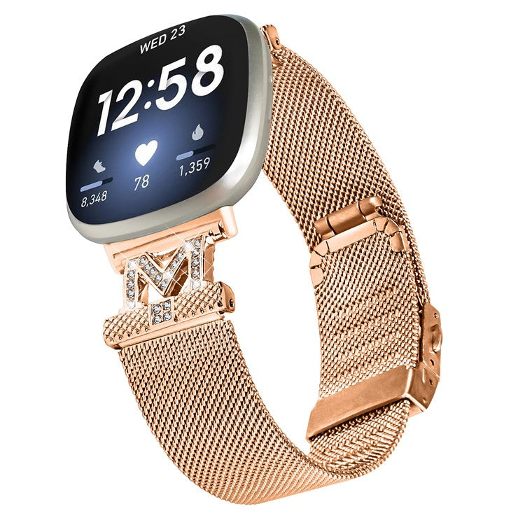 For Fitbit Sense  /  Versa 3 Milanese Stainless Steel Mesh Band M-shape Design Watch Strap with Folding Buckle - Rose Gold