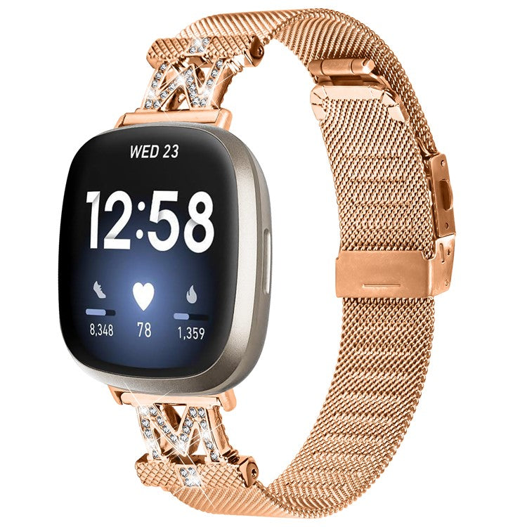 For Fitbit Sense  /  Versa 3 Milanese Stainless Steel Mesh Band M-shape Design Watch Strap with Folding Buckle - Rose Gold