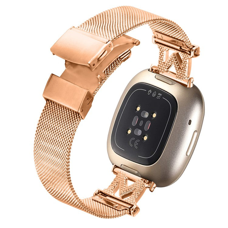 For Fitbit Sense  /  Versa 3 Milanese Stainless Steel Mesh Band M-shape Design Watch Strap with Folding Buckle - Rose Gold