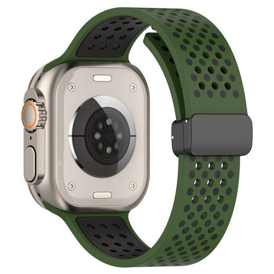 Silicone Watch Bands for Apple Watch Series 10 42mm / 9 8 7 41mm / SE (2023) SE (2022) SE 6 5 4 40mm / 3 2 1 38mm Dual-Color Magnetic Strap - Army Green+Black