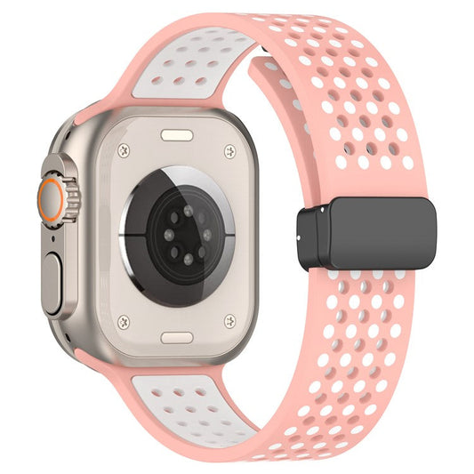 Magnetic Watch Bands for Apple Watch Series 10 46mm / Ultra 2 Ultra 49mm /  Series 9 8 7 45mm / 6 5 4 SE (2023) SE (2022) SE 44mm / 3 2 1 42mm , Dual-Color Silicone Strap - Pink+White