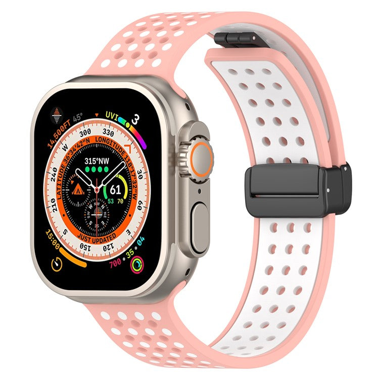 Magnetic Watch Bands for Apple Watch Series 10 46mm / Ultra 2 Ultra 49mm /  Series 9 8 7 45mm / 6 5 4 SE (2023) SE (2022) SE 44mm / 3 2 1 42mm , Dual-Color Silicone Strap - Pink+White