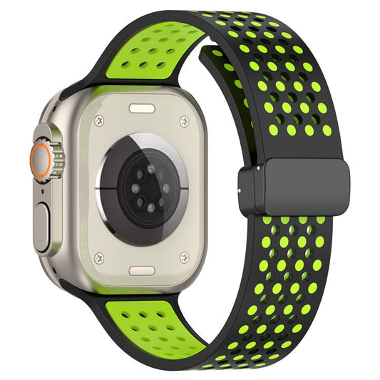 Magnetic Watch Bands for Apple Watch Series 10 46mm / Ultra 2 Ultra 49mm /  Series 9 8 7 45mm / 6 5 4 SE (2023) SE (2022) SE 44mm / 3 2 1 42mm , Dual-Color Silicone Strap - Black+Lime