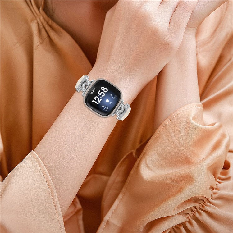 For Fitbit Versa 3 / Versa 4 / Sense / Sense 2 M Shape Rhinestone Decor Genuine Cowhide Leather Watch Strap with Silver Buckle - Apricot