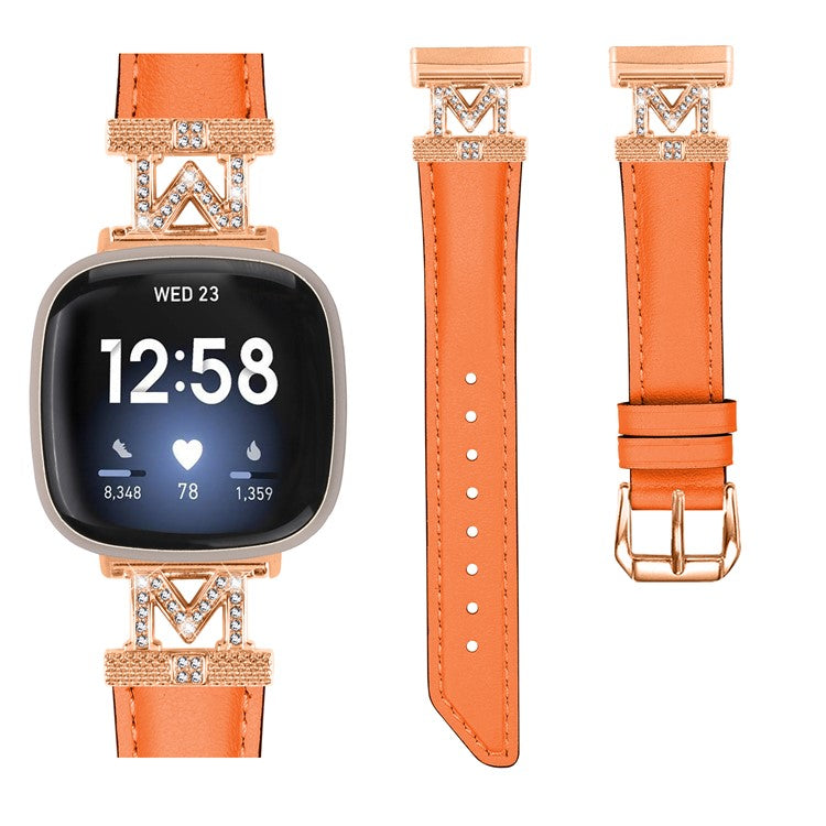 M Shape Rhinestone Watchband for Fitbit Versa 3 / Versa 4 / Sense / Sense 2 Genuine Cowhide Leather Watch Strap with Rose Gold Buckle - Orange