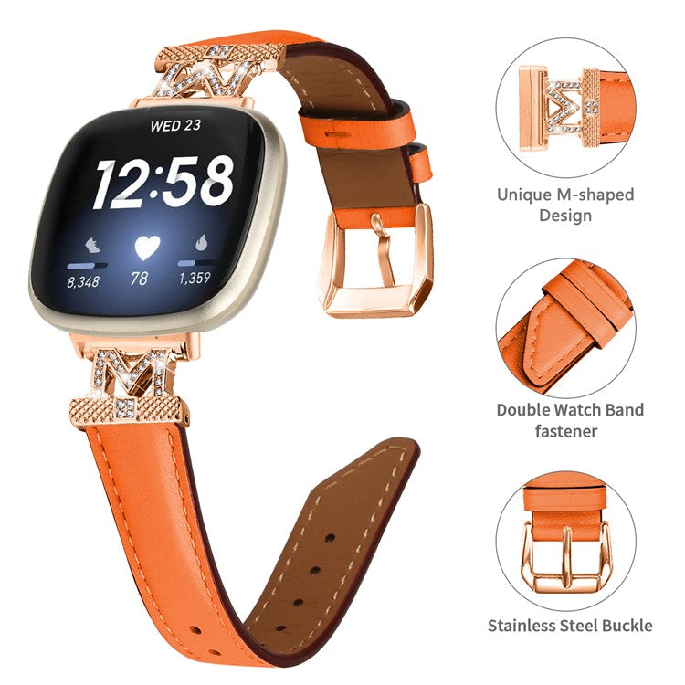 M Shape Rhinestone Watchband for Fitbit Versa 3 / Versa 4 / Sense / Sense 2 Genuine Cowhide Leather Watch Strap with Rose Gold Buckle - Orange